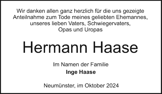 Traueranzeige von Hermann Haase von Holsteinischer Courier