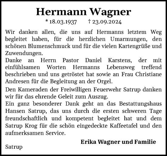 Traueranzeige von Hermann Wagner von Flensburger Tageblatt