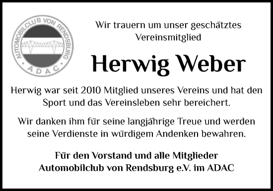 Traueranzeige von Herwig Weber von Schleswig-Holsteinische Landeszeitung