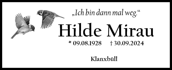 Traueranzeige von Hilde Mirau von Husumer Nachrichten, Nordfriesland Tageblatt