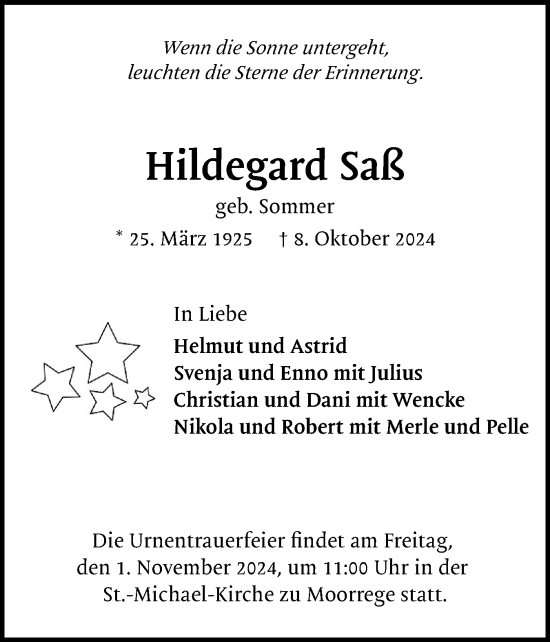 Traueranzeige von Hildegard Saß von Uetersener Nachrichten, Der tip am Wochenende