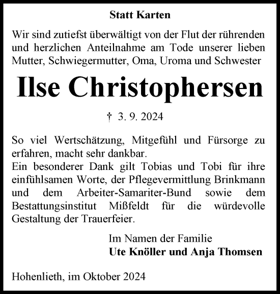 Traueranzeige von Ilse Christophersen von Eckernförder Zeitung, Hallo Eckernförde