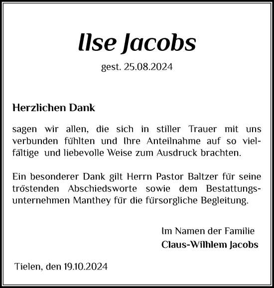 Traueranzeige von Ilse Jacobs von Schleswig-Holsteinische Landeszeitung