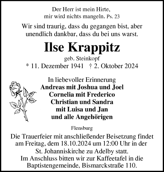 Traueranzeige von Ilse Krappitz von Flensburger Tageblatt