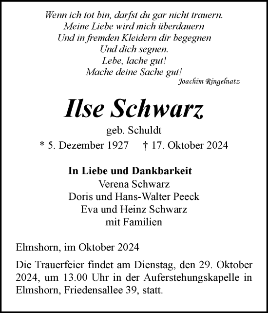 Traueranzeige von Ilse Schwarz von Elmshorner Nachrichten, Barmstedter Zeitung