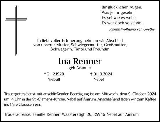 Traueranzeige von Ina Renner von Der Insel-Bote