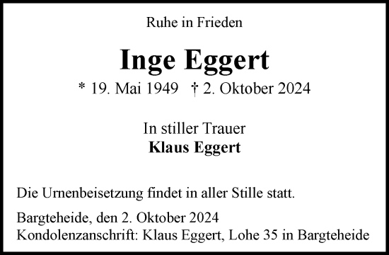 Traueranzeige von Inge Eggert von Stormaner Tageblatt