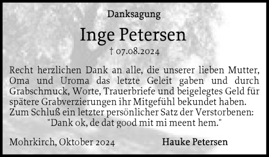 Traueranzeige von Inge Petersen von Flensburger Tageblatt, Schleswiger Nachrichten, Schlei-Bote