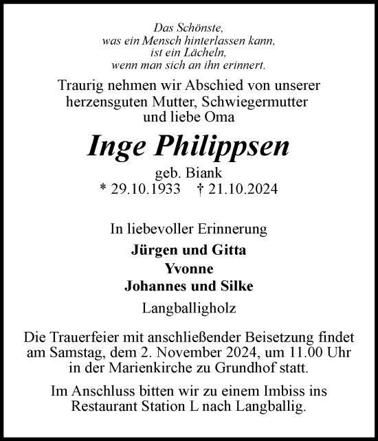 Traueranzeige von Inge Philippsen von Flensburger Tageblatt