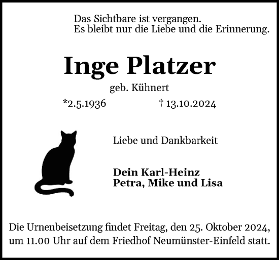 Traueranzeige von Inge Platzer von Holsteinischer Courier