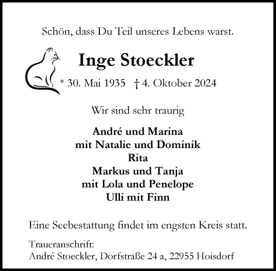 Traueranzeige von Inge Stoeckler von Stormaner Tageblatt
