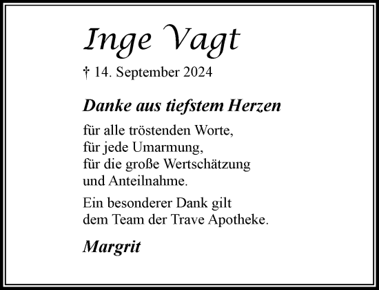 Traueranzeige von Inge Vagt von Stormaner Tageblatt