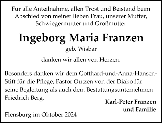 Traueranzeige von Ingeborg Maria Franzen von Flensburger Tageblatt