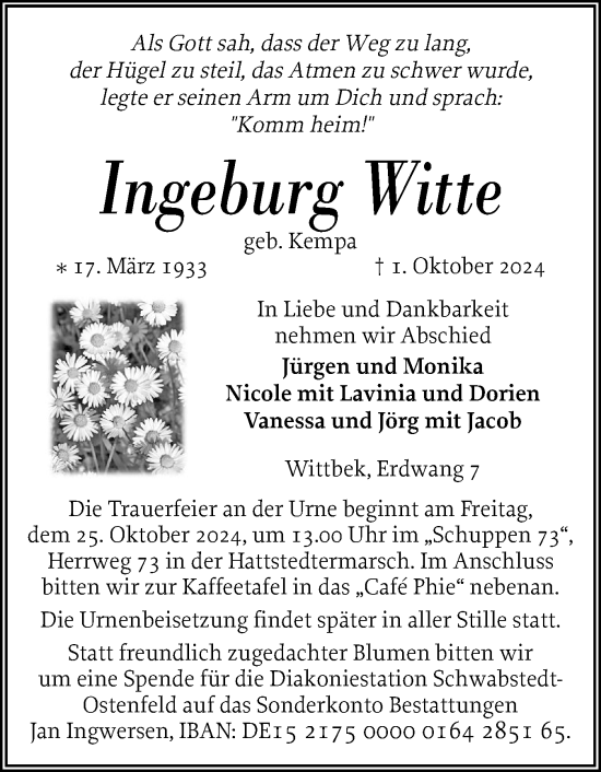 Traueranzeige von Ingeburg Witte von Husumer Nachrichten, Nordfriesland Tageblatt