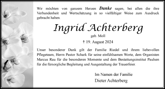 Traueranzeige von Ingrid Achterberg von Stormaner Tageblatt