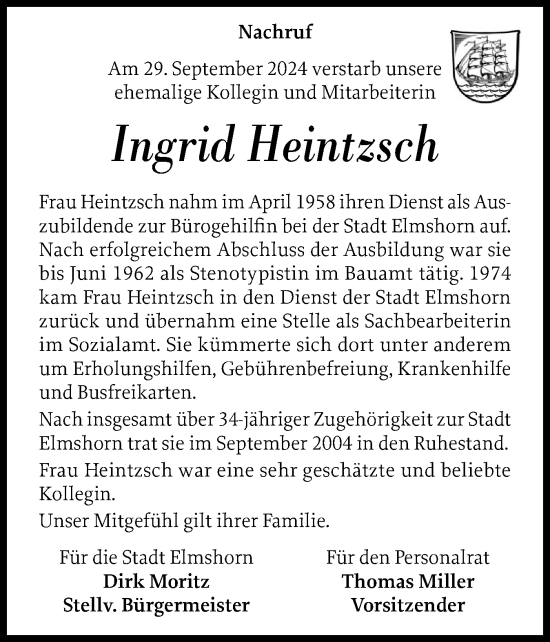 Traueranzeige von Ingrid Heintzsch von Elmshorner Nachrichten, Barmstedter Zeitung