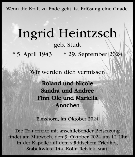 Traueranzeige von Ingrid Heintzsch von Elmshorner Nachrichten, Barmstedter Zeitung