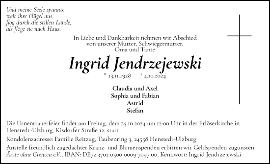 Traueranzeige von Ingrid Jendrzejewski von Flensburger Tageblatt