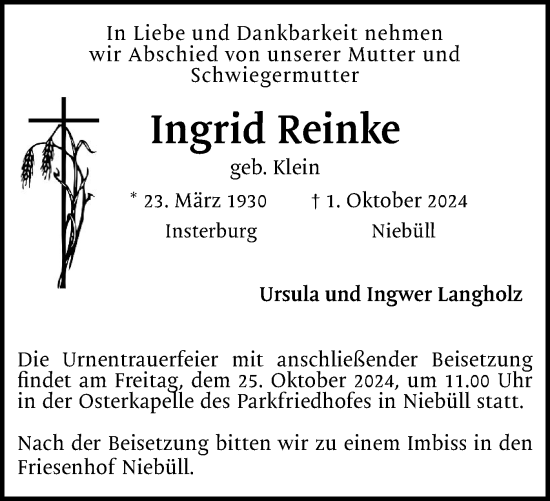 Traueranzeige von Ingrid Reinke von Husumer Nachrichten, Nordfriesland Tageblatt