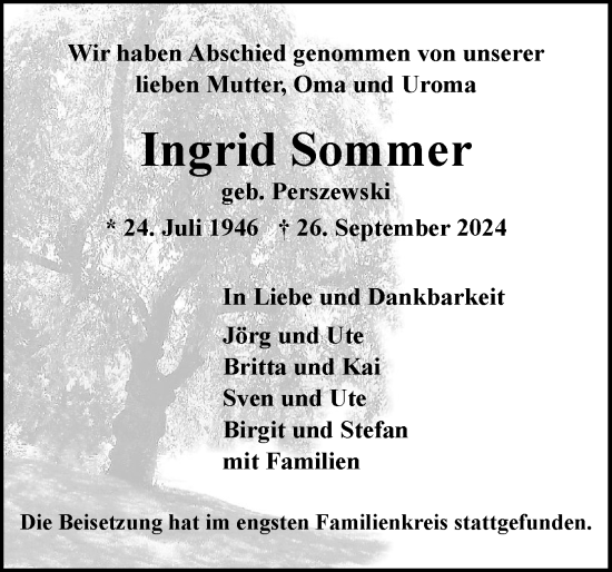 Traueranzeige von Ingrid Sommer von Elmshorner Nachrichten, Barmstedter Zeitung