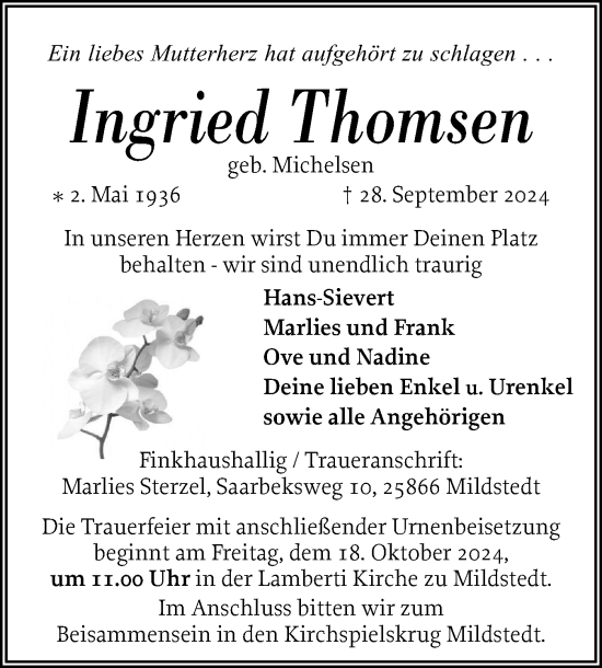 Traueranzeige von Ingried Thomsen von Husumer Nachrichten, Nordfriesland Tageblatt