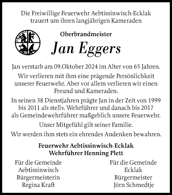 Traueranzeige von Jan Eggers von Norddeutsche Rundschau, Wilstersche Zeitung, Glückstädter Fortuna