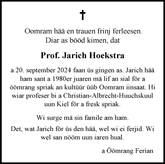 Traueranzeige von Jarich Freark Hoekstra von Der Insel-Bote