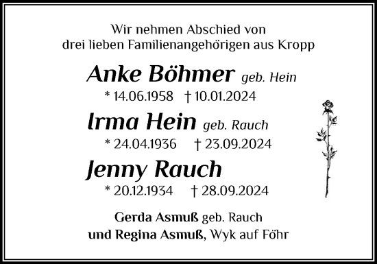Traueranzeige von Jenny Rauch von Der Insel-Bote