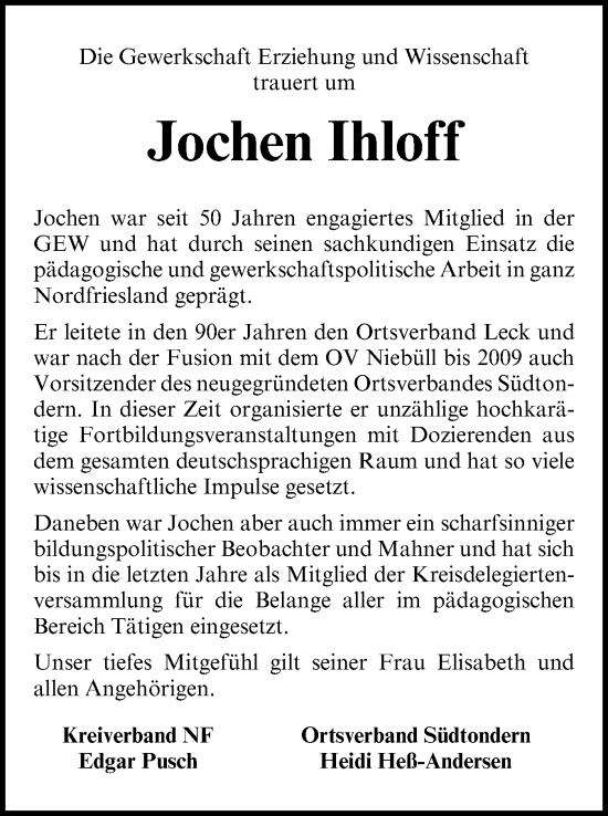 Traueranzeige von Jochen Ihloff von Region Westküste