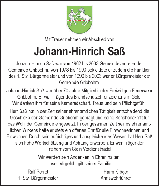 Traueranzeige von Johann-Hinrich Saß von Norddeutsche Rundschau, Wilstersche Zeitung, Glückstädter Fortuna