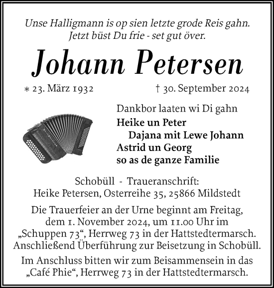 Traueranzeige von Johann Petersen von Region Westküste
