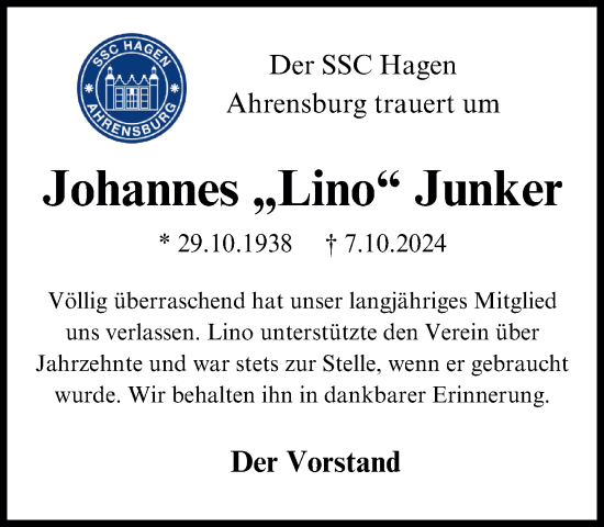 Traueranzeige von Johannes JUnker von Stormaner Tageblatt
