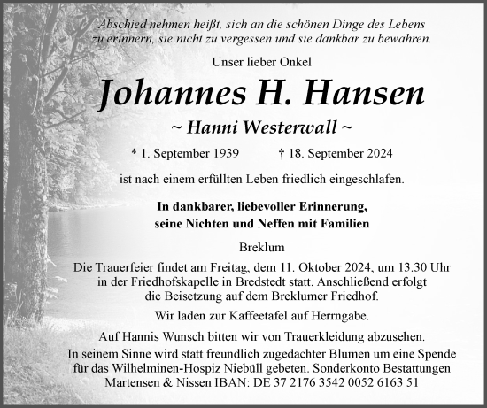 Traueranzeige von Johannes H. Hansen von Husumer Nachrichten, Nordfriesland Tageblatt