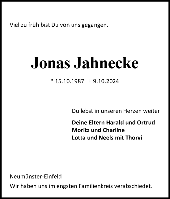 Traueranzeige von Jonas Jahnecke von Holsteinischer Courier