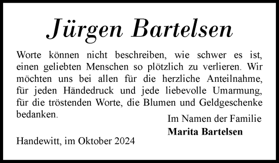 Traueranzeige von Jürgen Bartelsen von Flensburger Tageblatt