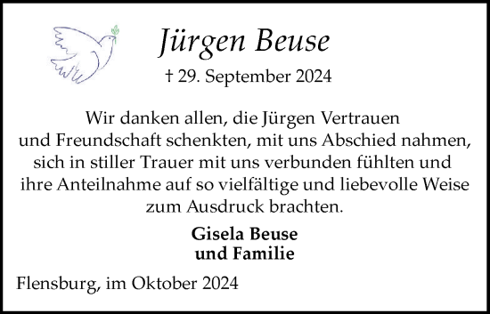 Traueranzeige von Jürgen Beuse von Flensburger Tageblatt