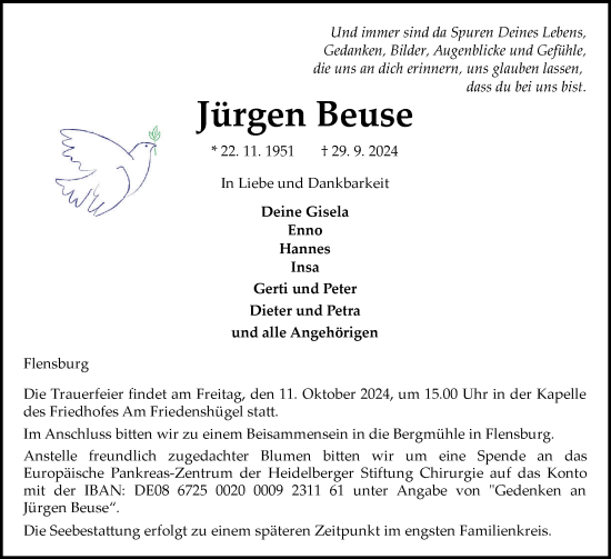 Traueranzeige von Jürgen Beuse von Flensburger Tageblatt