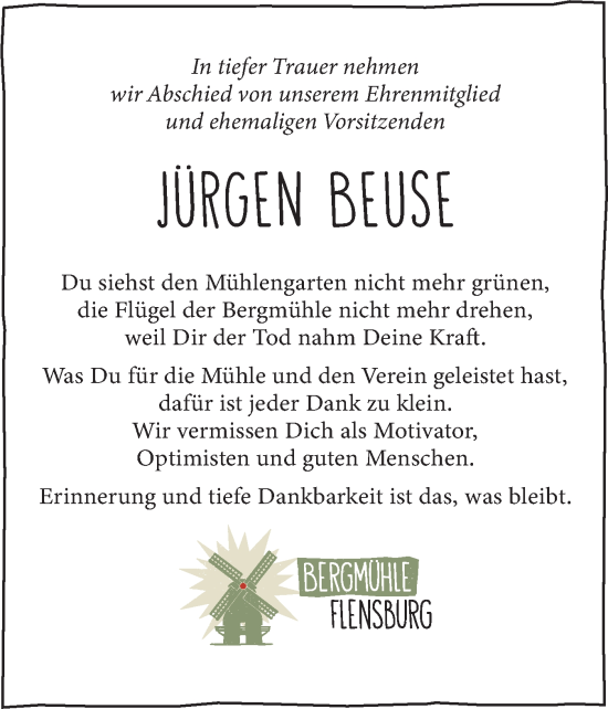 Traueranzeige von Jürgen Beuse von Flensburger Tageblatt
