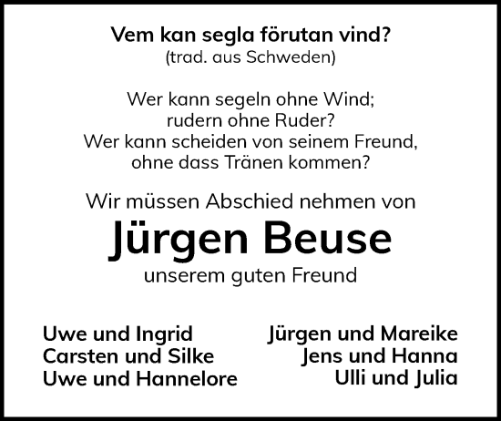 Traueranzeige von Jürgen Beuse von Flensburger Tageblatt