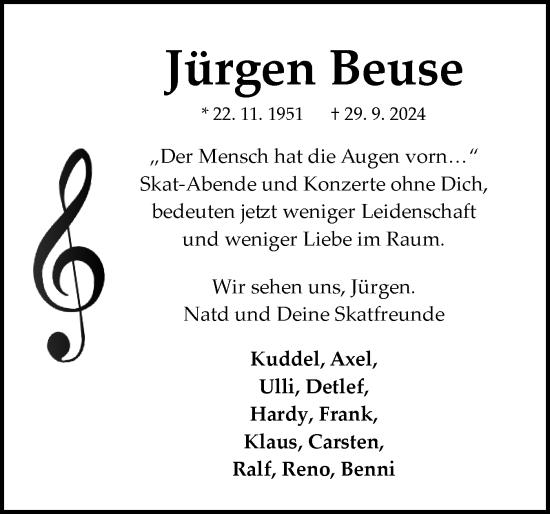 Traueranzeige von Jürgen Beuse von Flensburger Tageblatt