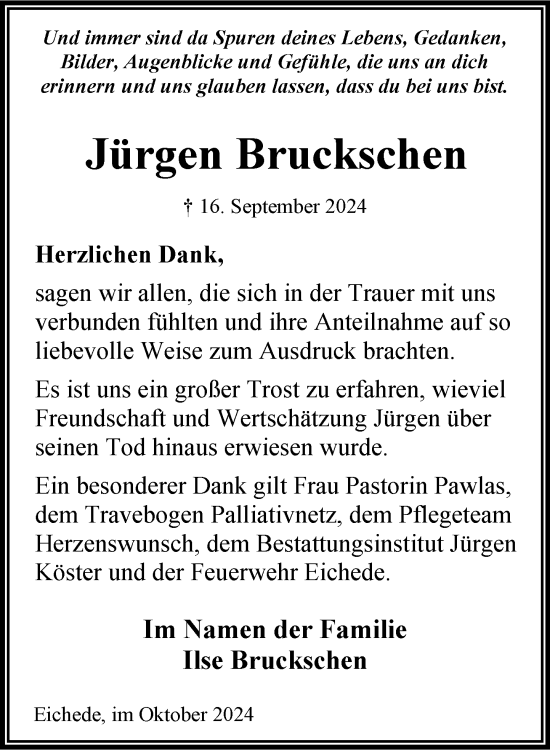 Traueranzeige von Jürgen Bruckschen von Stormaner Tageblatt