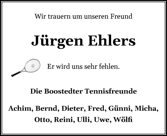 Traueranzeige von Jürgen Ehlers von Holsteinischer Courier
