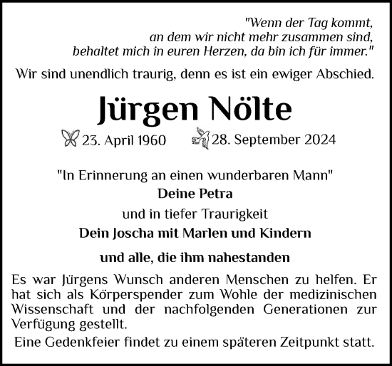 Traueranzeige von Jürgen Nölte von Norddeutsche Rundschau, Wilstersche Zeitung, Glückstädter Fortuna