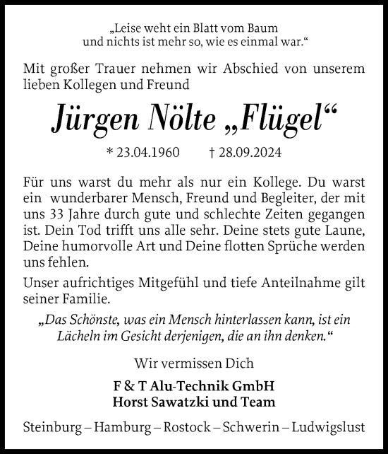 Traueranzeige von Jürgen Nölte von Norddeutsche Rundschau, Wilstersche Zeitung, Glückstädter Fortuna