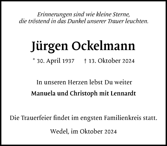Traueranzeige von Jürgen Ockelmann von Wedel-Schulauer Tageblatt, tip Wedel-Schulauer Tageblatt, tip Rissener Rundschau