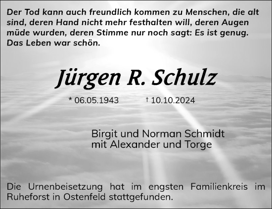 Traueranzeige von Jürgen Schulz von Schleswiger Nachrichten, Schlei-Bote