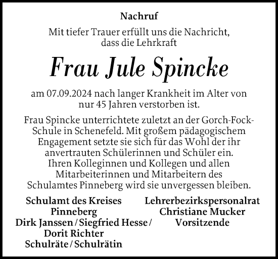 Traueranzeige von Jule Spincke von Region Pinneberg und tip Pinneberg