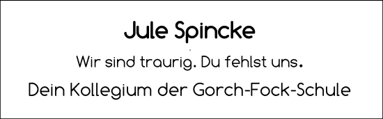Traueranzeige von Jule Spincke von Region Pinneberg und tip Pinneberg