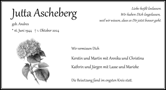 Traueranzeige von Jutta Ascheberg von Stormaner Tageblatt