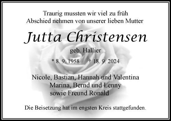 Traueranzeige von Jutta Christensen von Stormaner Tageblatt